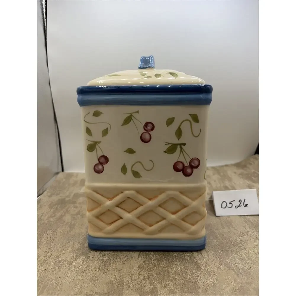 Large Inspirado Square Hand Painted BISCOTTI COOKIE JAR Cherry Basket Weave